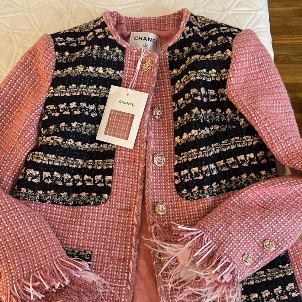 CHANEL Pink and Black Tweed Jacket with Fringe